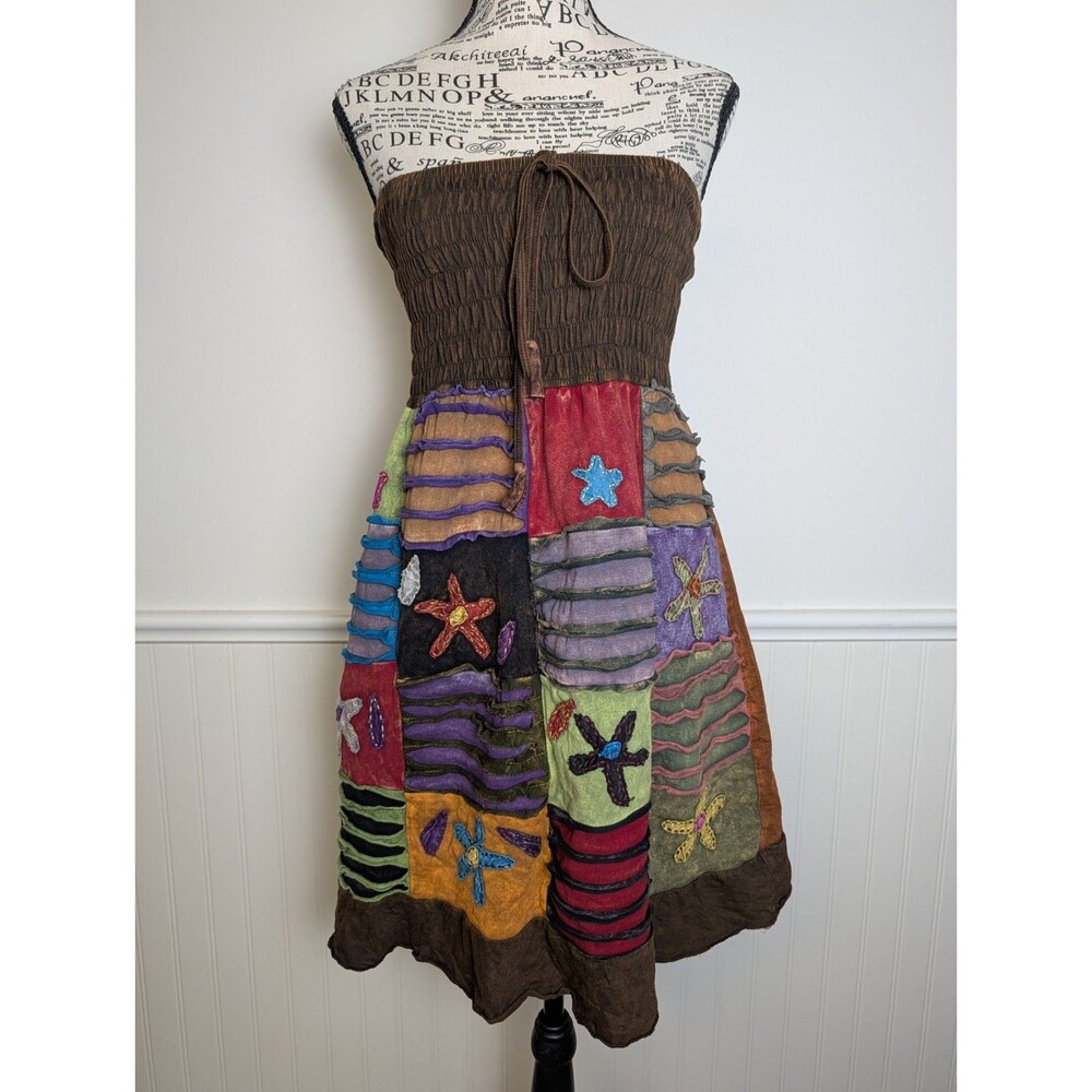Boho Patchwork Multi Style Dress/Skirt Brown Summer Peasant Floral Free Size S/M